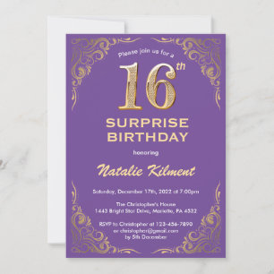Convite Surpresa 16.º Aniversário Roxo e Dourada Brilhante