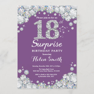Convite Surpresa 18º Aniversário Roxo e Diamante Prateado