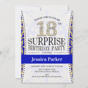 Convite Surpresa 18.º aniversário - Dourado azul branco
