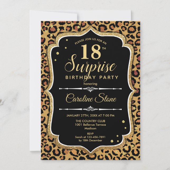 Convite Surpresa 18.º Aniversário - Preto-Leopardo Dourado (Frente)