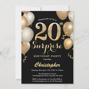 Convite Surpresa 20 de Aniversário Negro e Dourados Balõ