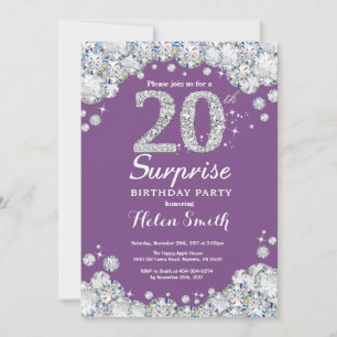 Convite Surpresa 20 de Aniversário Roxo e Diamante de Pra