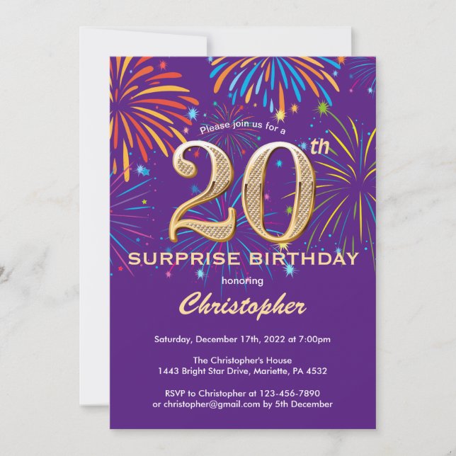 Convite Surpresa 20 de Aniversário Roxo e Dourado (Frente)