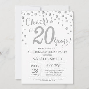 Convite Surpresa 20 de Aniversário Silver Glitter Diamond