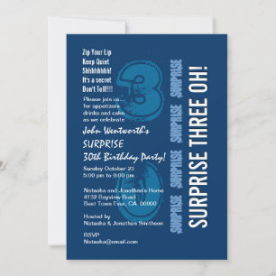 Convite SURPRESA 30 Moderna Aniversário Azul Três Branco