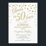 Convite Surpresa 50ª Festa de aniversário - Branco Dourado<br><div class="desc">Surpreenda o design elegante do 50º Convite de aniversário com ouro brilhante e branco. Possui fonte de script e confetti. Anima-te a 50 anos! Me mande mensagem se precisar de uma idade personalizada.</div>