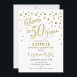 Convite Surpresa 50ª Festa de aniversário - Branco Dourado<br><div class="desc">Surpreenda o design elegante do 50º Convite de aniversário com ouro brilhante e branco. Possui fonte de script e confetti. Anima-te a 50 anos! Me mande mensagem se precisar de uma idade personalizada.</div>