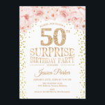 Convite Surpresa 50ª Festa de aniversário - Cor-de-rosa Do<br><div class="desc">Surpreenda o 50º Convite de aniversário. Design elegante em ouro brilhante,  branco e rosa. Apresenta confetti,  fonte de script e flores cor-de-água pinceladas. Envie-me uma mensagem se precisar de mais personalização.</div>