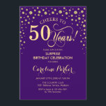 Convite Surpresa 50ª Festa de aniversário - Dourada roxa<br><div class="desc">Surpreenda o 50º Convite de aniversário. Design elegante em roxo real e ouro brilhante falso. Apresenta a fonte do script e os diamantes confetti. Anima-te a 50 anos! Envie-me uma mensagem se precisar de mais personalização.</div>