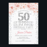 Convite Surpresa 50ª Festa de aniversário - Prata branca,<br><div class="desc">Surpreenda o 50º Convite de aniversário. Design elegante em prata brilhante,  branca e rosa. Apresenta confetti,  fonte de script e flores cor-de-água pinceladas. Envie-me uma mensagem se precisar de mais personalização.</div>