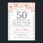 Convite Surpresa 50ª Festa de aniversário - Prata branca,<br><div class="desc">Surpreenda o 50º Convite de aniversário. Design elegante em prata brilhante,  branca e rosa. Apresenta confetti,  fonte de script e flores cor-de-água pinceladas. Envie-me uma mensagem se precisar de mais personalização.</div>