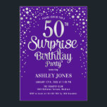 Convite Surpresa 50ª Festa de aniversário - Prata e roxo<br><div class="desc">Surpreenda o 50º Convite de aniversário. Design elegante em roxo real e prata brilhante falso. Possui fonte de script na moda e confetti. Envie-me uma mensagem se precisar de idade personalizada.</div>