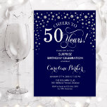 Convite Surpresa 50ª Festa de aniversário - Prata Marinho<br><div class="desc">Surpreenda o 50º Convite de aniversário. Design elegante em azul marinho e prata brilhante fraca. Apresenta a fonte do script e os diamantes confetti. Anima-te a 50 anos! Envie-me uma mensagem se precisar de mais personalização.</div>