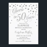 Convite Surpresa 50ª Festa de aniversário - Prateado branc<br><div class="desc">Surpreenda o design elegante do 50º Convite de aniversário com cintilação fina de prata e branco. Possui fonte de script e confetti. Anima-te a 50 anos! Me mande mensagem se precisar de uma idade personalizada.</div>