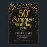 Convite Surpresa 50ª Festa de aniversário - Preta e Dourad<br><div class="desc">Surpreenda o 50º Convite de aniversário. Design elegante em ouro preto e brilhante. Possui fonte de script na moda e confetti. Envie-me uma mensagem se precisar de idade personalizada.</div>
