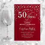 Convite Surpresa 50ª Festa de aniversário - Red Silver<br><div class="desc">Surpreenda o 50º Convite de aniversário. Design elegante em vermelho escuro e prata brilhante fraca. Apresenta a fonte do script e os diamantes confetti. Anima-te a 50 anos! Envie-me uma mensagem se precisar de mais personalização.</div>