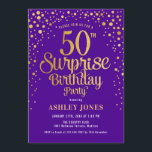 Convite Surpresa 50ª Festa de aniversário - Roxo e Dourado<br><div class="desc">Surpreenda o 50º Convite de aniversário. Design elegante em roxo real escuro e ouro brilhante falso. Possui fonte de script na moda e confetti. Envie-me uma mensagem se precisar de idade personalizada.</div>