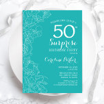 Convite Surpresa 50ª Festa de aniversário - Turquesa Flora<br><div class="desc">Turquoise Floral Surpresa 50º convite de aniversário. Design minimalista moderno com sotaques botânicos e letra de escrita tipográfica. Simples carta de convite feminina perfeita para uma festa surpresa na moda. Pode ser personalizado para qualquer idade.</div>