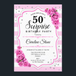 Convite Surpresa 50º aniversário - Branco rosa<br><div class="desc">Surpreenda 50º Convite de Aniversário. Design feminina com listras,  rosas cor-de-rosa pinceladas,  fontes de script e confetti. Perfeito para uma bolsa mensageifesta de aniversario elegante. Pode ser personalizado para mostrar qualquer idade. Envie-me uma mensagem se precisar de mais personalização.</div>