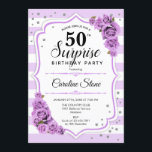 Convite Surpresa 50º aniversário - Branco roxo<br><div class="desc">Surpreenda 50º Convite de Aniversário. Branco feminino,  design lilás lavanda. Apresenta faixas,  rosas púrpura pastel,  fonte de script e confetti. Perfeito para uma bolsa mensageifesta de aniversario elegante. Pode ser personalizado para mostrar qualquer idade. Envie-me uma mensagem se precisar de mais personalização.</div>
