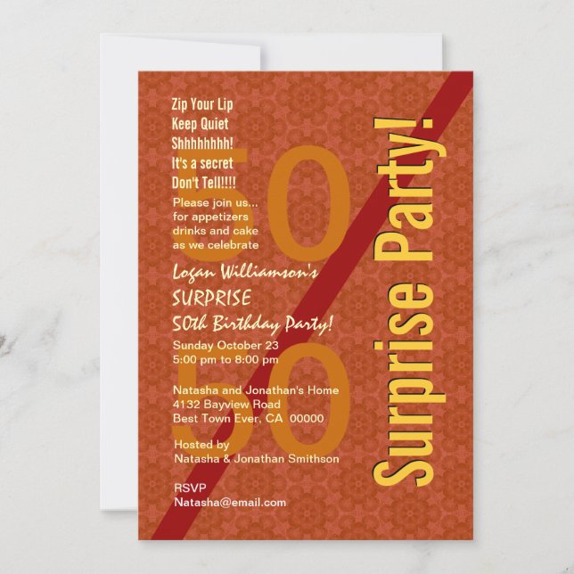 Convite SURPRESA 50º Aniversário Lâminas Douradas laranja  (Frente)