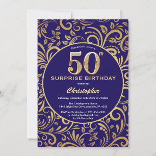 Convite Surpresa 50º Aniversário Marinho Azul e Dourado Fl