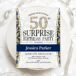 Convite Surpresa 50º aniversário - Marinho Dourado branco<br><div class="desc">Surpreenda o 50º Convite de aniversário. Design elegante em ouro brilhante,  branco e marinho. Possui fonte de script e número de diamante. Perfeito para uma comemoração de um dia de na moda,  de mulher ou de homem.</div>