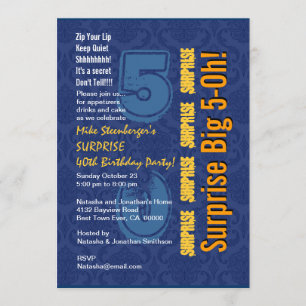 Convite SURPRESA 50º aniversário moderno azul e Dourado
