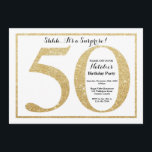 Convite Surpresa: 50. º Aniversário do Dourado Glitter<br><div class="desc">Surpresa 50º Convite de Aniversário. Dourada Festa de aniversário de brilho Convide com fundo branco. Surpresa Aniversário. Aniversário Adulto. Homens ou Mulheres no Bday Bash Party.
Para mais personalização,  clique no botão "Personalizar" e use a ferramenta design para modificar este modelo.</div>