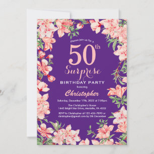 Convite Surpresa 50.º Aniversário Flores Rosa Rosa Púrp
