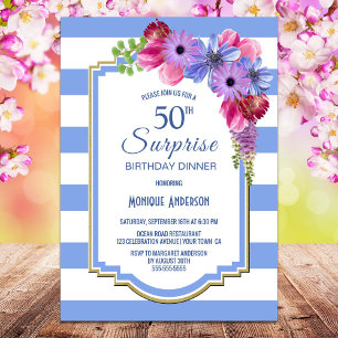 Convite Surpresa 50.º aniversário Janta Floral Azul Stri