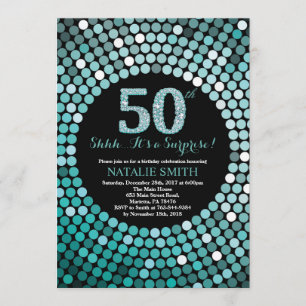 Convite Surpresa 50.º Aniversário, Negra e Teal Glitter