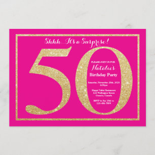 Convite Surpresa 50.º aniversário rosa quente e Dourada br