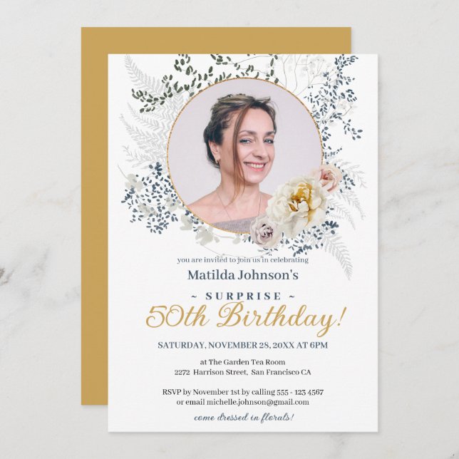 Convite Surpresa 50.º Aniversário, Rosas Florais Delicados (Frente/Verso)