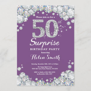 Convite Surpresa 50.º aniversário Roxo e Diamante prateado
