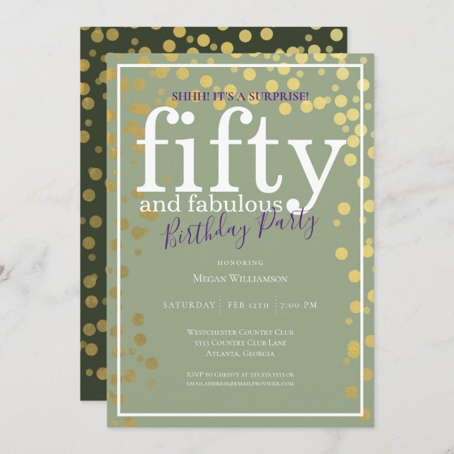 Convite Surpresa 50 e fabulosa Roxo de Aniversário Dourado (Frente/Verso)