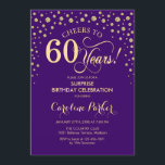 Convite Surpresa 60ª Festa de aniversário - Dourada roxa<br><div class="desc">Surpresa 60º Convite de aniversário. Design elegante em roxo real e ouro brilhante falso. Apresenta a fonte do script e os diamantes confetti. Saúde para 60 anos! Envie-me uma mensagem se precisar de mais personalização.</div>