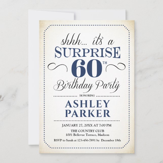 Convite Surpresa 60ª Festa de aniversário - Marinho branco (Frente)