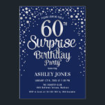 Convite Surpresa 60ª Festa de aniversário - Prata e Marinh<br><div class="desc">Surpresa 650º Convite de aniversário. Design elegante em azul marinho e prata brilhante fraca. Possui fonte de script na moda e confetti. Envie-me uma mensagem se precisar de idade personalizada.</div>