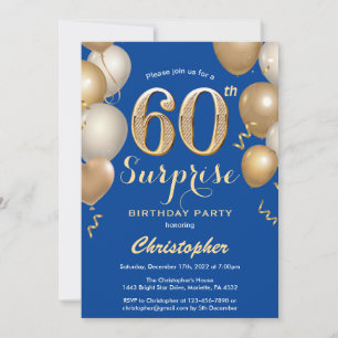 Convite Surpresa 60º aniversário Balões Azuis e Dourado
