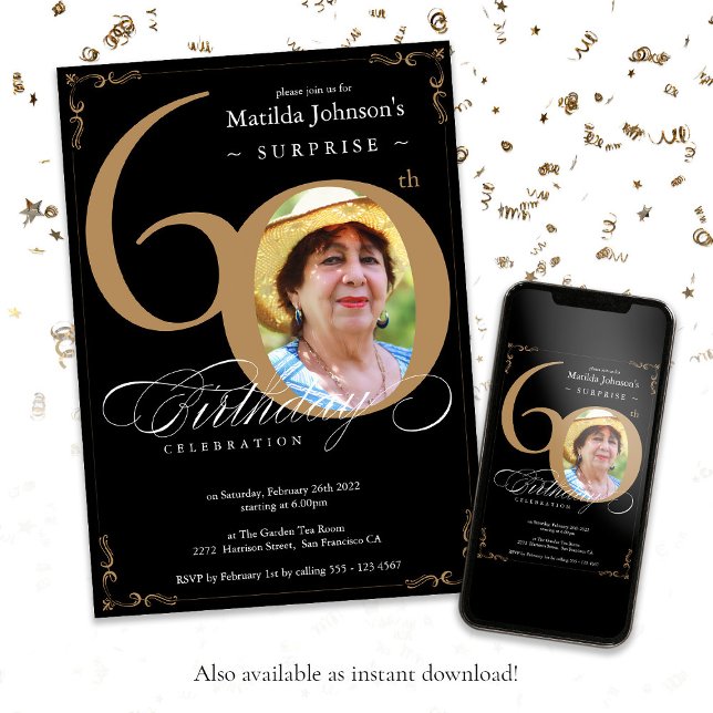 Convite Surpresa 60º aniversário Foto Dourada Elegante Neg (Surprise 60th Birthday Elegant Black Gold Photo Invitation)