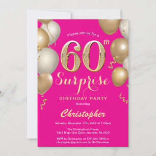 Convite Surpresa 60º aniversário, rosa quente e balões Dou