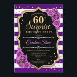 Convite Surpresa 60.º aniversário - Dourada roxa<br><div class="desc">Surpresa 60º Convite de Aniversário. Design de ouro roxo feminino com ouro brilhante falso. Apresenta faixas,  rosas roxos,  fontes de script e confetti. Perfeito para uma bolsa mensageifesta de aniversario elegante. Pode ser personalizado para mostrar qualquer idade. Envie-me uma mensagem se precisar de mais personalização.</div>