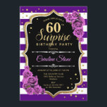 Convite Surpresa 60.º aniversário - Dourada roxa<br><div class="desc">Surpresa 60º Convite de Aniversário. Design de ouro roxo feminino com ouro brilhante falso. Apresenta faixas,  rosas roxos,  fontes de script e confetti. Perfeito para uma bolsa mensageifesta de aniversario elegante. Pode ser personalizado para mostrar qualquer idade. Envie-me uma mensagem se precisar de mais personalização.</div>