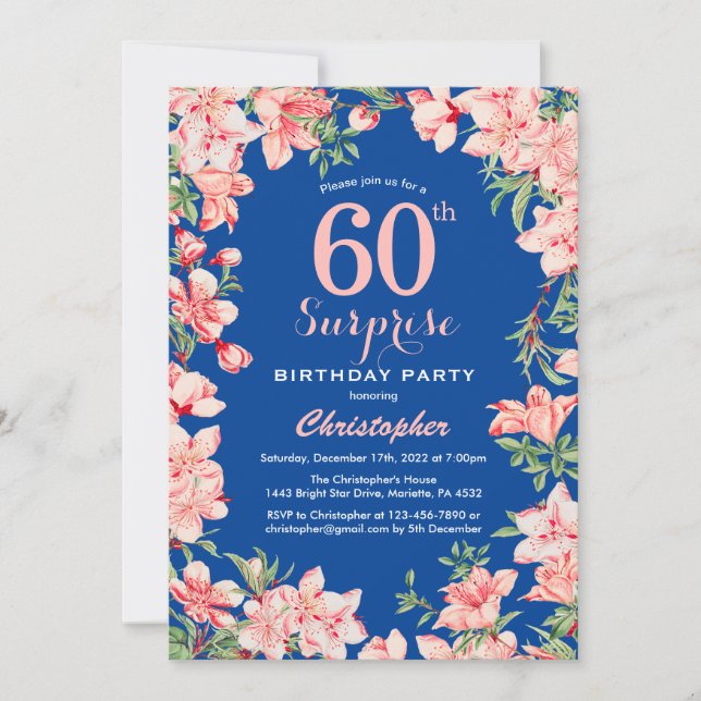 Convite Surpresa 60.º Aniversário Flores Cor-de-Rosa Azul (Frente)