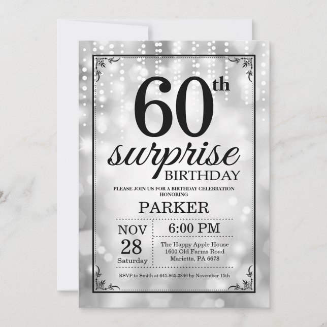 Convite Surpresa 60.º Aniversário Invitation Silver Glitte (Frente)