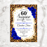 Convite Surpresa 60.º Aniversário - Leopardo Dourado Royal<br><div class="desc">Surpresa 60º Convite de Aniversário. Azul real feminino,  design branco com ouro brilhante falso. Apresenta um padrão de chita-leopardo-animal,  rosas azuis-safira,  fonte de script e confetti. Perfeito para uma bolsa mensageifesta de aniversario elegante. Pode ser personalizado para mostrar qualquer idade. Envie-me uma mensagem se precisar de mais personalização.</div>
