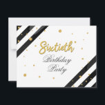 Convite Surpresa 60.º aniversário Script Dourado Geométric<br><div class="desc">Modern Surprise 60th Birthday Script Geométrico Dourado Invitation com faixas pretas e pontos brilhantes de folhas de ouro com tipografia de script que você pode editar facilmente. Para mais personalização,  clique no botão "Personalizar" e use nossa ferramenta de design para modificar este modelo.</div>