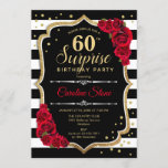 Convite Surpresa 60.º aniversário - Vermelho branco preto<br><div class="desc">Surpresa 60º Convite de Aniversário. Design branco,  preto feminino,  vermelho,  com ouro brilhante falso. Apresenta faixas pretas e brancas,  rosas vermelhas,  fontes de script e confetti. Perfeito para uma bolsa mensageifesta de aniversario elegante. Pode ser personalizado para mostrar qualquer idade. Envie-me uma mensagem se precisar de mais personalização.</div>