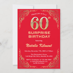 Convite Surpresa 60.º Aniversário Vermelho e Dourada Brilh